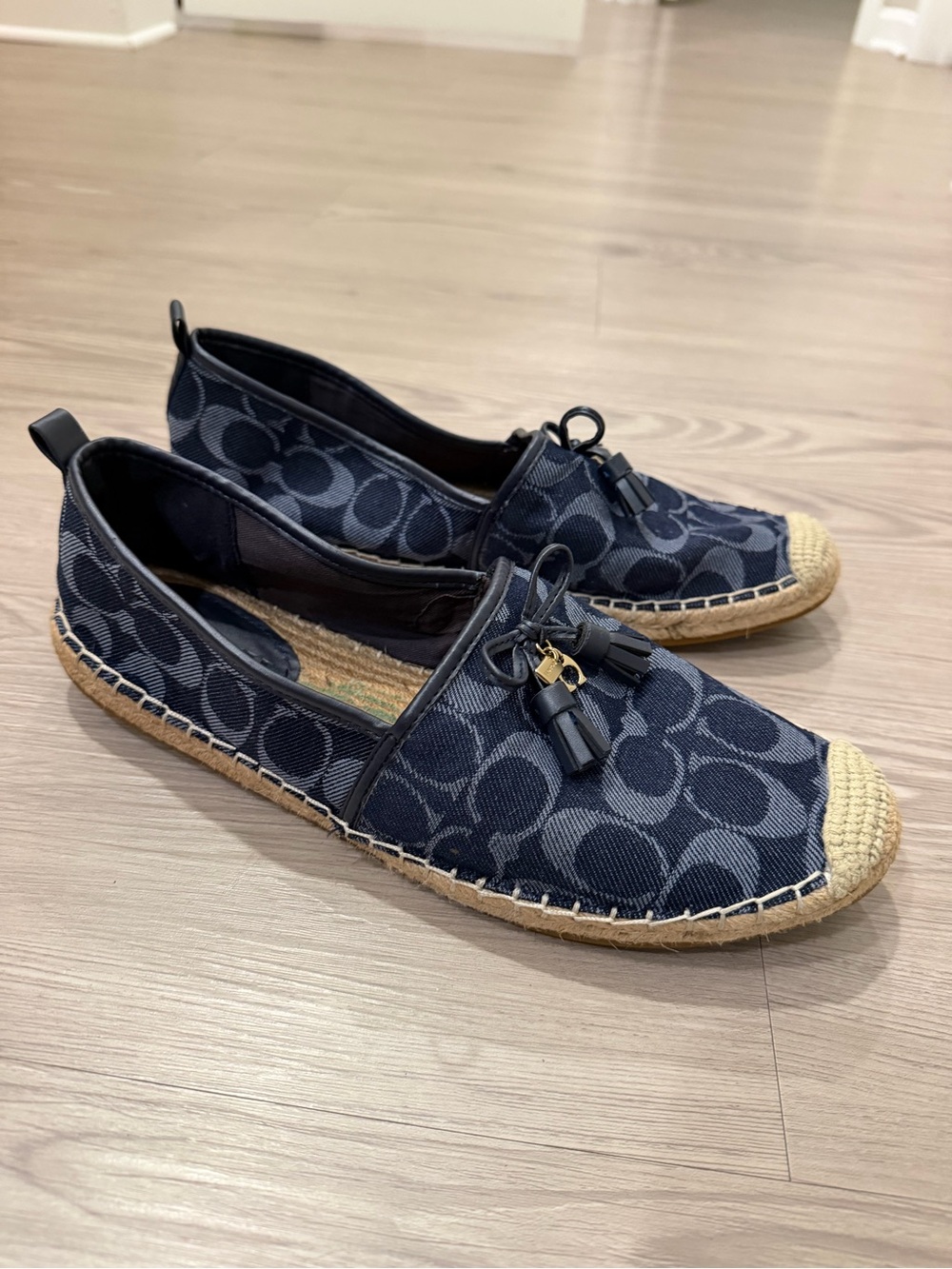 Coach Navy Signature Canvas Espadrille Slip-Ons with Tassel